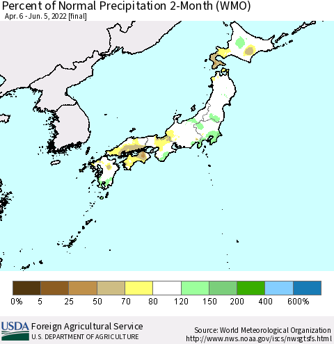 Japan Percent of Normal Precipitation 2-Month (WMO) Thematic Map For 4/6/2022 - 6/5/2022