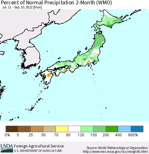 Japan Percent of Normal Precipitation 2-Month (WMO) Thematic Map For 7/11/2022 - 9/10/2022