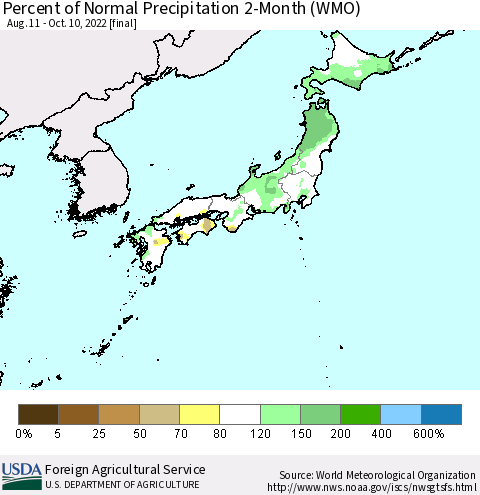 Japan Percent of Normal Precipitation 2-Month (WMO) Thematic Map For 8/11/2022 - 10/10/2022