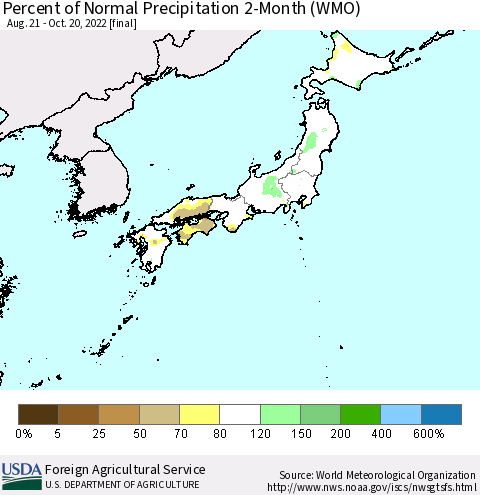 Japan Percent of Normal Precipitation 2-Month (WMO) Thematic Map For 8/21/2022 - 10/20/2022