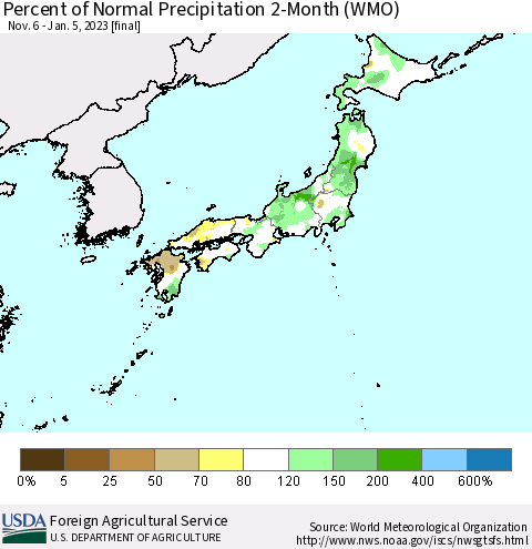 Japan Percent of Normal Precipitation 2-Month (WMO) Thematic Map For 11/6/2022 - 1/5/2023