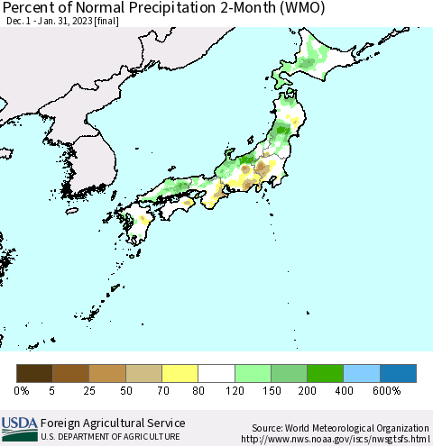 Japan Percent of Normal Precipitation 2-Month (WMO) Thematic Map For 12/1/2022 - 1/31/2023