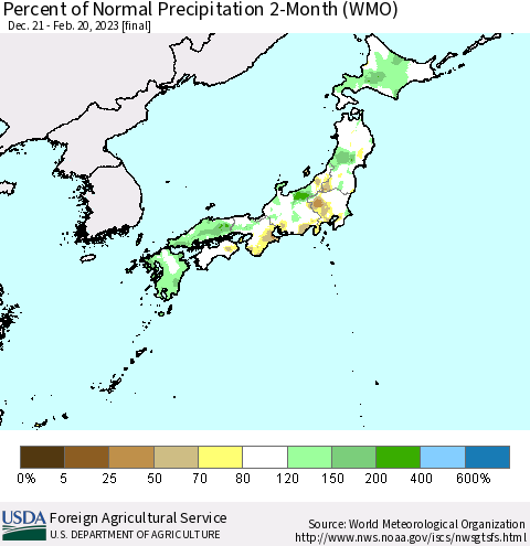 Japan Percent of Normal Precipitation 2-Month (WMO) Thematic Map For 12/21/2022 - 2/20/2023