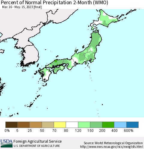 Japan Percent of Normal Precipitation 2-Month (WMO) Thematic Map For 3/16/2023 - 5/15/2023