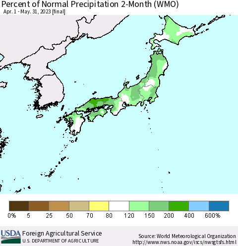 Japan Percent of Normal Precipitation 2-Month (WMO) Thematic Map For 4/1/2023 - 5/31/2023