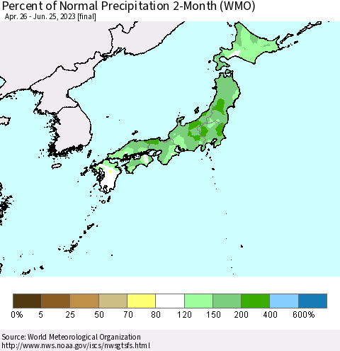 Japan Percent of Normal Precipitation 2-Month (WMO) Thematic Map For 4/26/2023 - 6/25/2023