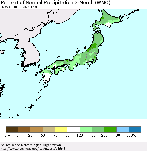 Japan Percent of Normal Precipitation 2-Month (WMO) Thematic Map For 5/6/2023 - 7/5/2023