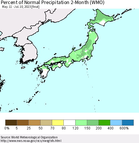 Japan Percent of Normal Precipitation 2-Month (WMO) Thematic Map For 5/11/2023 - 7/10/2023