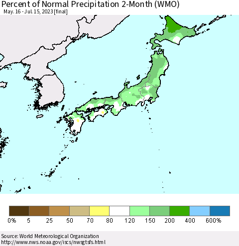 Japan Percent of Normal Precipitation 2-Month (WMO) Thematic Map For 5/16/2023 - 7/15/2023