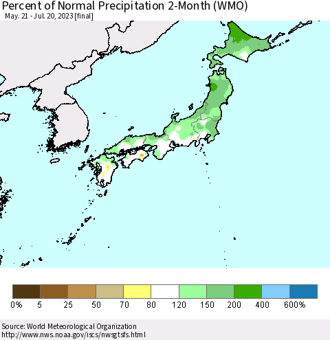 Japan Percent of Normal Precipitation 2-Month (WMO) Thematic Map For 5/21/2023 - 7/20/2023