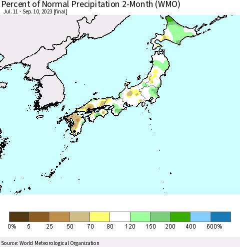Japan Percent of Normal Precipitation 2-Month (WMO) Thematic Map For 7/11/2023 - 9/10/2023