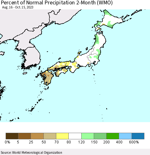 Japan Percent of Normal Precipitation 2-Month (WMO) Thematic Map For 8/16/2023 - 10/15/2023