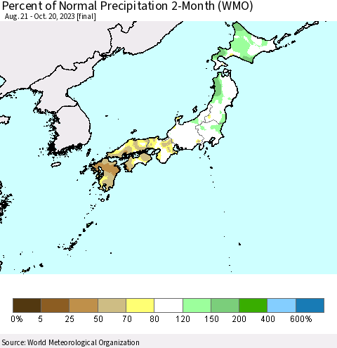 Japan Percent of Normal Precipitation 2-Month (WMO) Thematic Map For 8/21/2023 - 10/20/2023