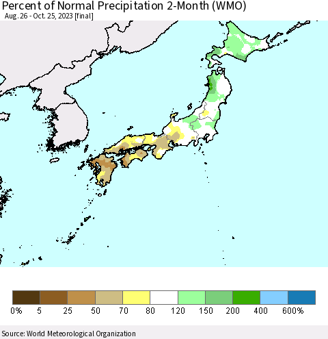 Japan Percent of Normal Precipitation 2-Month (WMO) Thematic Map For 8/26/2023 - 10/25/2023