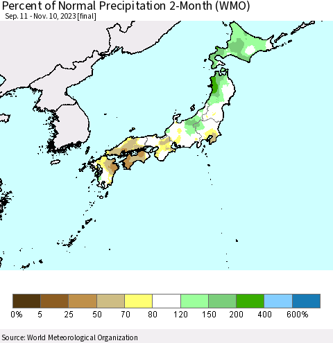 Japan Percent of Normal Precipitation 2-Month (WMO) Thematic Map For 9/11/2023 - 11/10/2023
