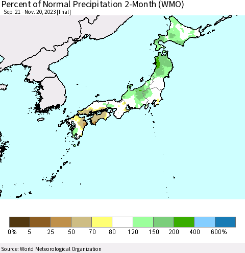 Japan Percent of Normal Precipitation 2-Month (WMO) Thematic Map For 9/21/2023 - 11/20/2023
