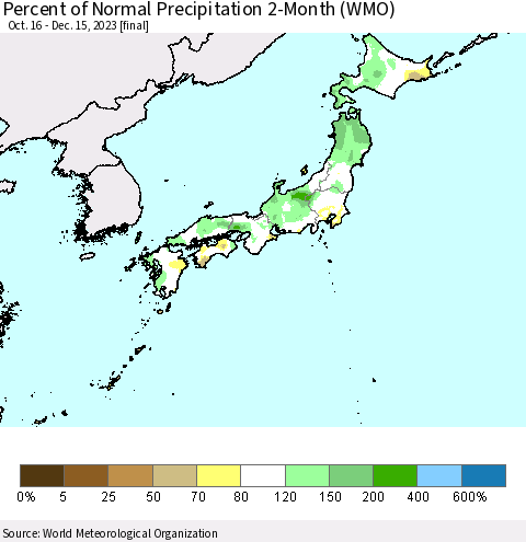 Japan Percent of Normal Precipitation 2-Month (WMO) Thematic Map For 10/16/2023 - 12/15/2023