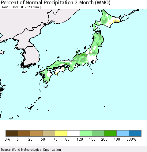 Japan Percent of Normal Precipitation 2-Month (WMO) Thematic Map For 11/1/2023 - 12/31/2023