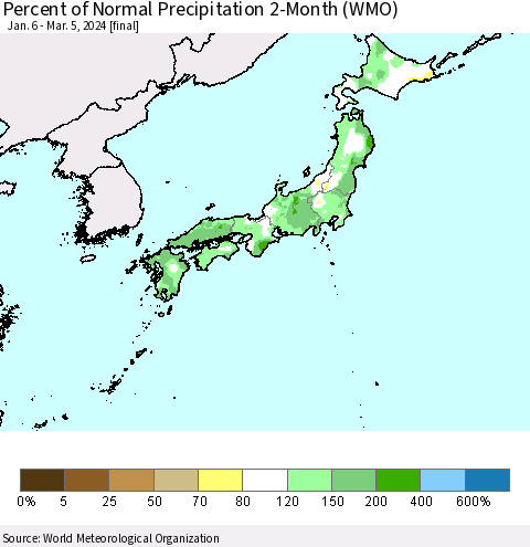 Japan Percent of Normal Precipitation 2-Month (WMO) Thematic Map For 1/6/2024 - 3/5/2024