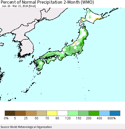 Japan Percent of Normal Precipitation 2-Month (WMO) Thematic Map For 1/16/2024 - 3/15/2024