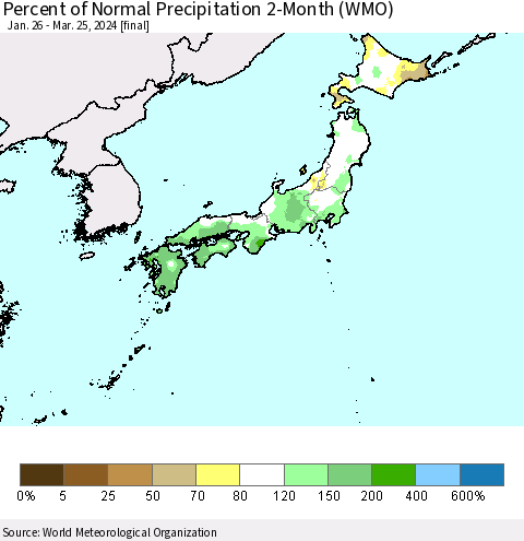 Japan Percent of Normal Precipitation 2-Month (WMO) Thematic Map For 1/26/2024 - 3/25/2024