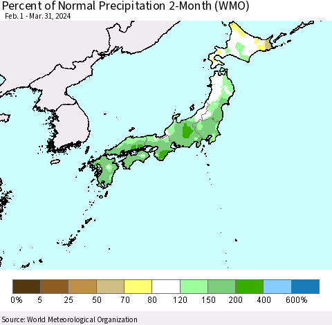 Japan Percent of Normal Precipitation 2-Month (WMO) Thematic Map For 2/1/2024 - 3/31/2024