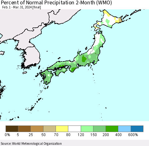 Japan Percent of Normal Precipitation 2-Month (WMO) Thematic Map For 2/1/2024 - 3/31/2024