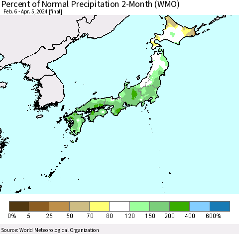 Japan Percent of Normal Precipitation 2-Month (WMO) Thematic Map For 2/6/2024 - 4/5/2024