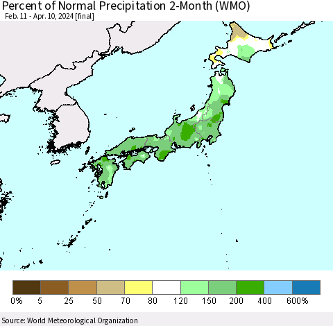 Japan Percent of Normal Precipitation 2-Month (WMO) Thematic Map For 2/11/2024 - 4/10/2024