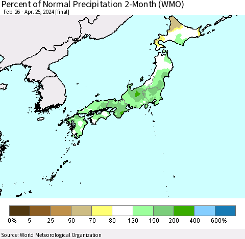 Japan Percent of Normal Precipitation 2-Month (WMO) Thematic Map For 2/26/2024 - 4/25/2024