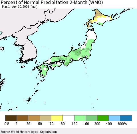Japan Percent of Normal Precipitation 2-Month (WMO) Thematic Map For 3/1/2024 - 4/30/2024
