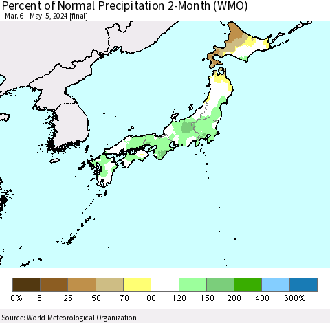 Japan Percent of Normal Precipitation 2-Month (WMO) Thematic Map For 3/6/2024 - 5/5/2024