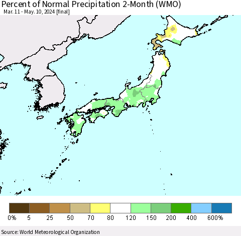 Japan Percent of Normal Precipitation 2-Month (WMO) Thematic Map For 3/11/2024 - 5/10/2024