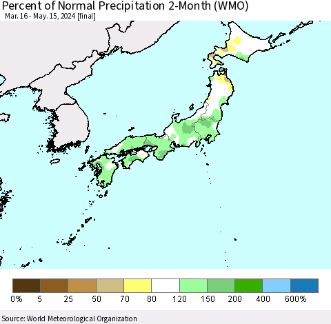 Japan Percent of Normal Precipitation 2-Month (WMO) Thematic Map For 3/16/2024 - 5/15/2024