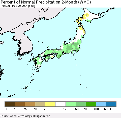 Japan Percent of Normal Precipitation 2-Month (WMO) Thematic Map For 3/21/2024 - 5/20/2024