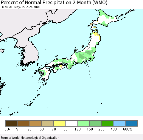 Japan Percent of Normal Precipitation 2-Month (WMO) Thematic Map For 3/26/2024 - 5/25/2024