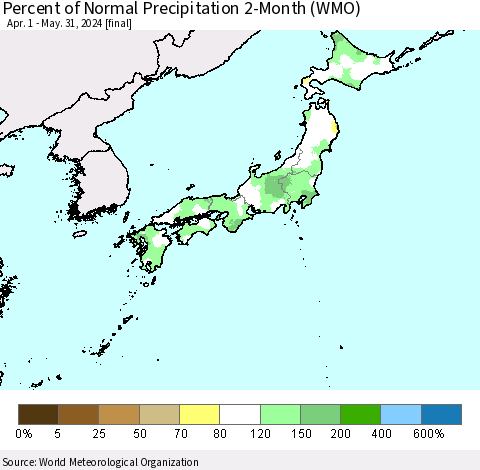 Japan Percent of Normal Precipitation 2-Month (WMO) Thematic Map For 4/1/2024 - 5/31/2024