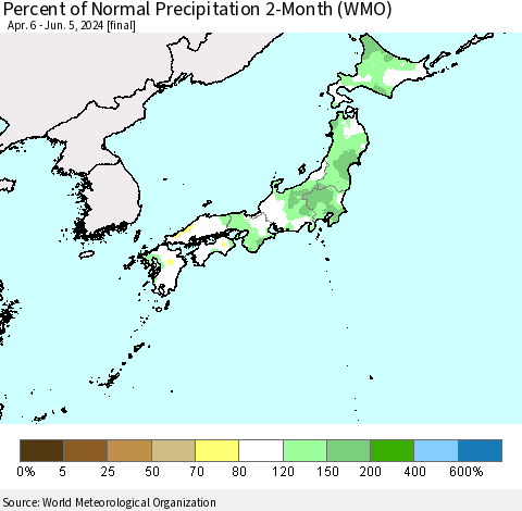 Japan Percent of Normal Precipitation 2-Month (WMO) Thematic Map For 4/6/2024 - 6/5/2024