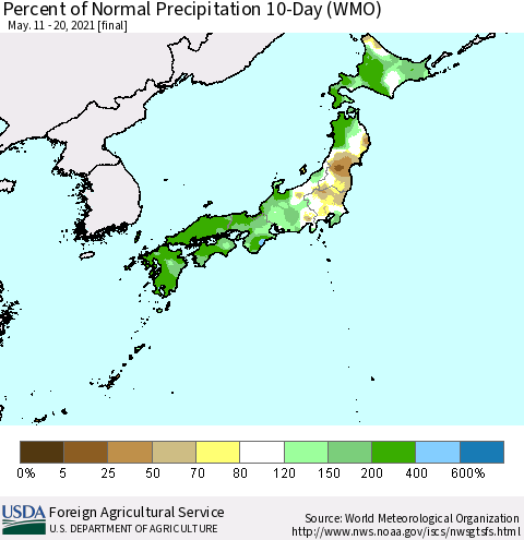 Japan Percent of Normal Precipitation 10-Day (WMO) Thematic Map For 5/11/2021 - 5/20/2021