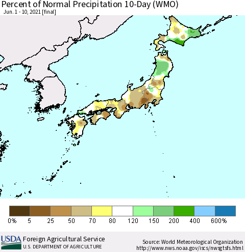Japan Percent of Normal Precipitation 10-Day (WMO) Thematic Map For 6/1/2021 - 6/10/2021