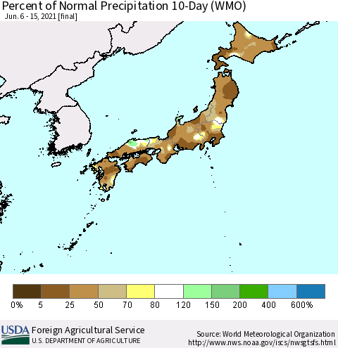 Japan Percent of Normal Precipitation 10-Day (WMO) Thematic Map For 6/6/2021 - 6/15/2021