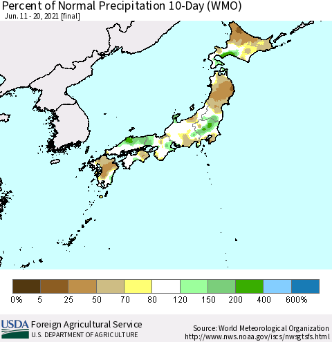Japan Percent of Normal Precipitation 10-Day (WMO) Thematic Map For 6/11/2021 - 6/20/2021