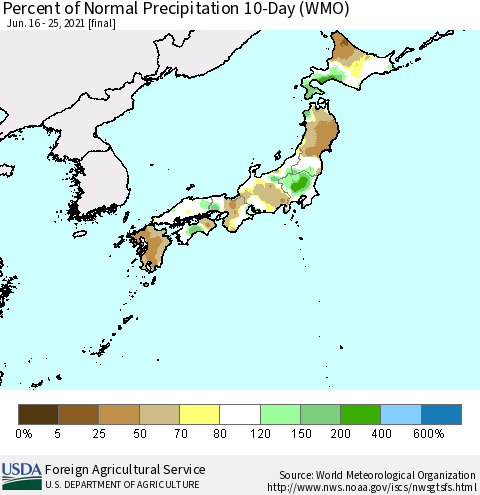 Japan Percent of Normal Precipitation 10-Day (WMO) Thematic Map For 6/16/2021 - 6/25/2021