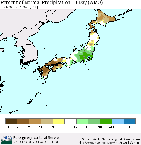Japan Percent of Normal Precipitation 10-Day (WMO) Thematic Map For 6/26/2021 - 7/5/2021