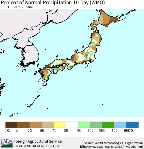 Japan Percent of Normal Precipitation 10-Day (WMO) Thematic Map For 7/11/2021 - 7/20/2021