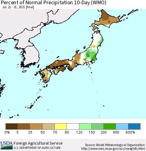 Japan Percent of Normal Precipitation 10-Day (WMO) Thematic Map For 7/21/2021 - 7/31/2021