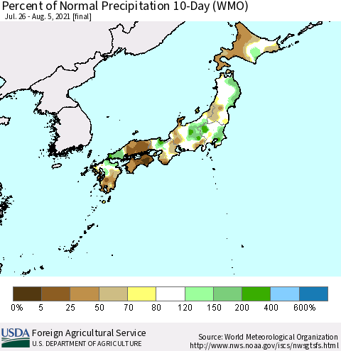Japan Percent of Normal Precipitation 10-Day (WMO) Thematic Map For 7/26/2021 - 8/5/2021
