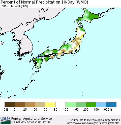 Japan Percent of Normal Precipitation 10-Day (WMO) Thematic Map For 8/1/2021 - 8/10/2021