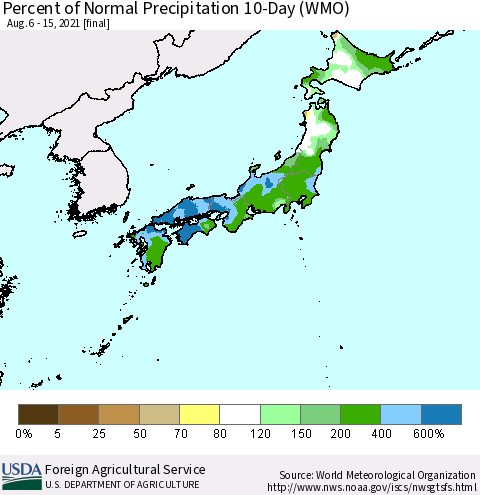 Japan Percent of Normal Precipitation 10-Day (WMO) Thematic Map For 8/6/2021 - 8/15/2021