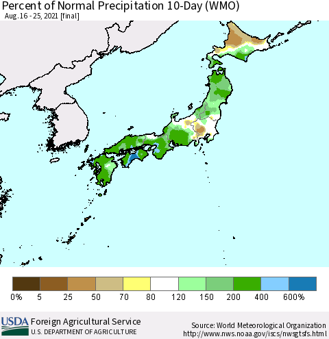 Japan Percent of Normal Precipitation 10-Day (WMO) Thematic Map For 8/16/2021 - 8/25/2021